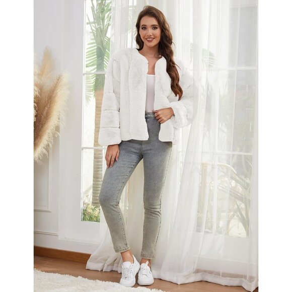Women's Faux Fur Coat Long Sleeves Open Front Warm Winter Cropped Jacket White - Picture 3 of 6